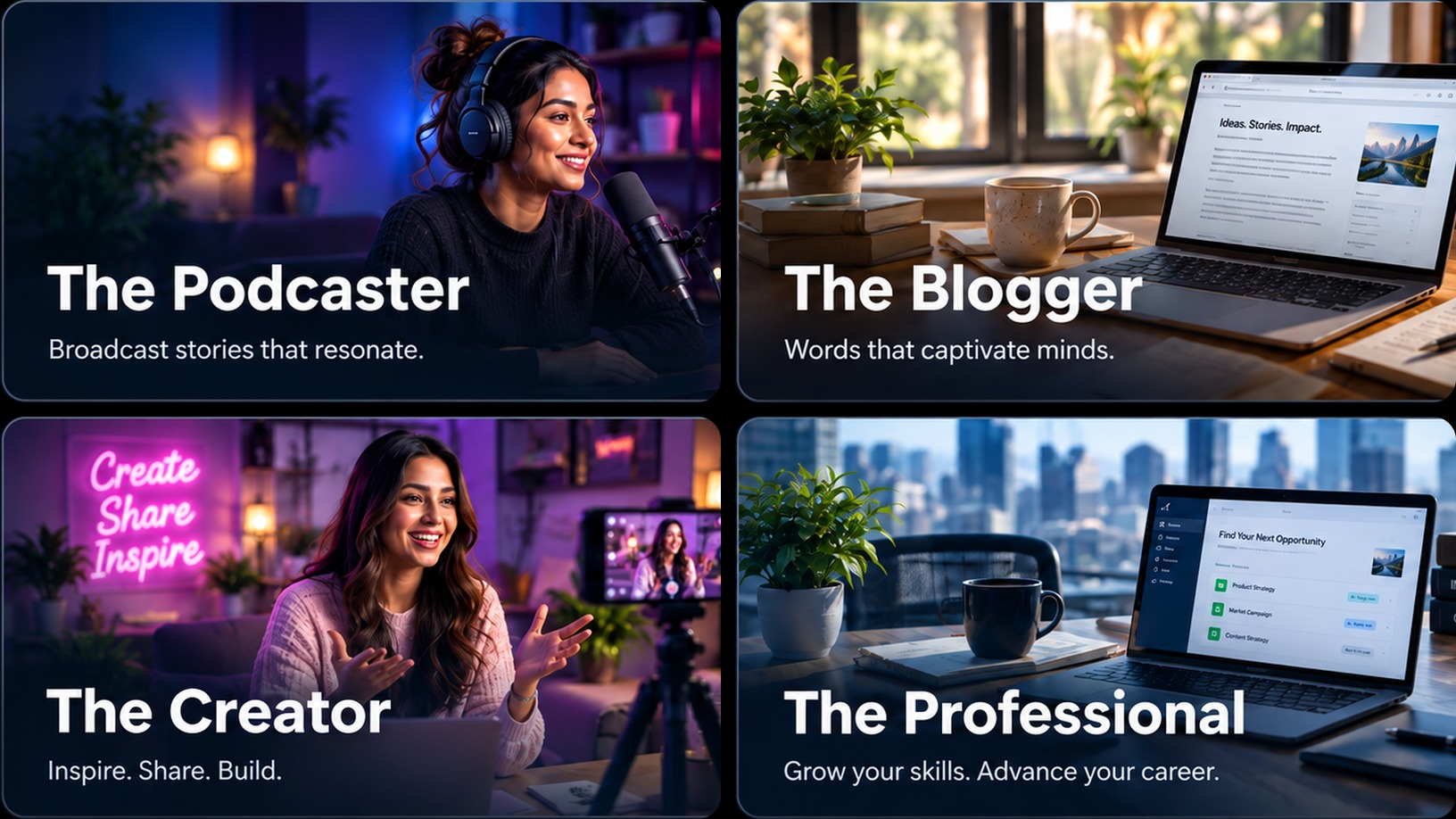 One person shown as podcaster, blogger, creator and professional