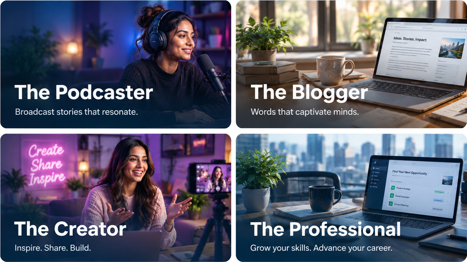 One person shown as podcaster, blogger, creator and professional