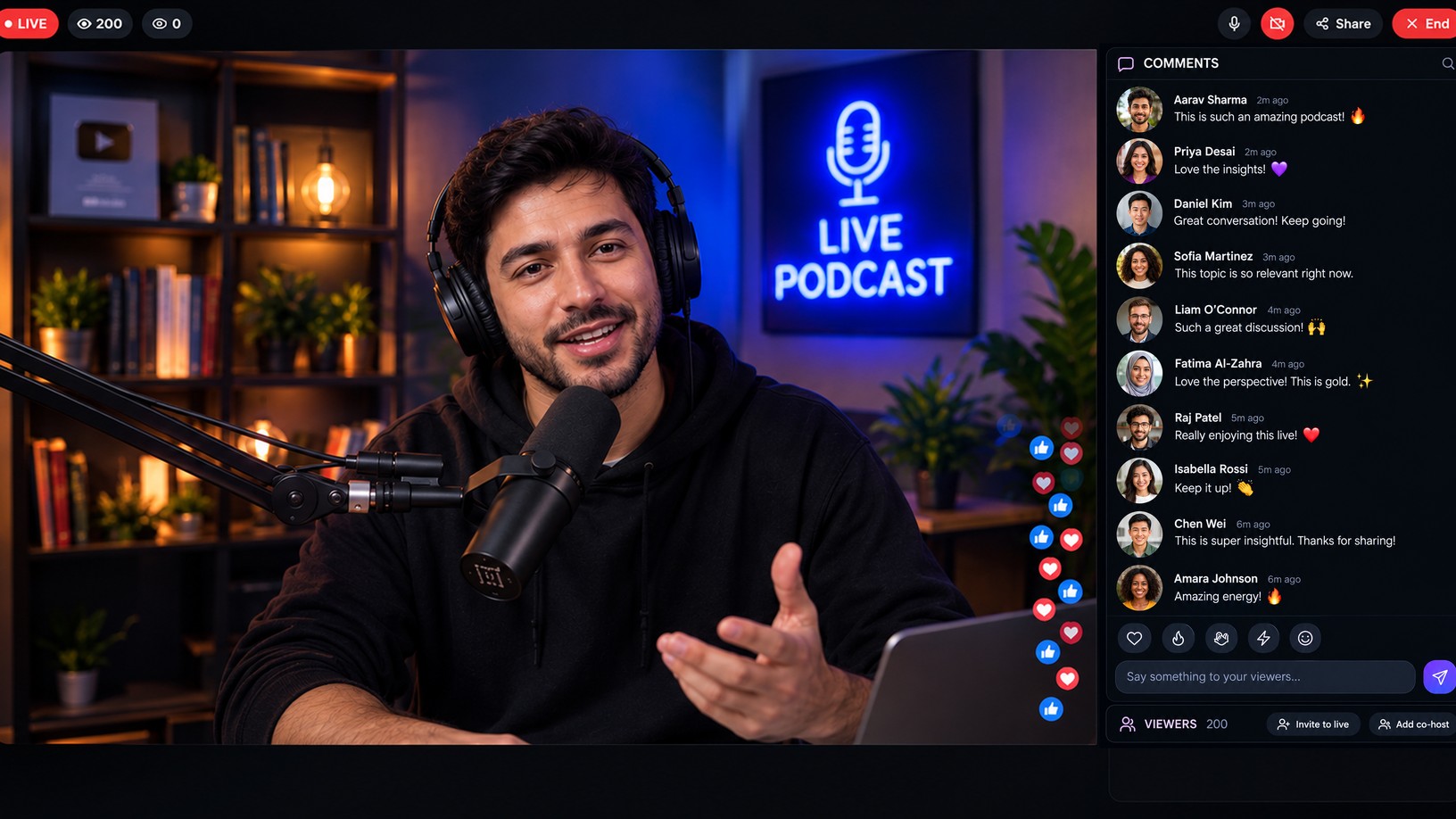 Live streaming interface showing a creator on camera with real-time viewer comments and reactions